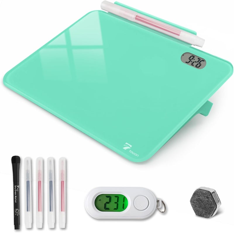 TOWON Small Glass Desk Whiteboard Dry-Erase Board with Clock, Small Travel Clock Keychain with Desk Notepad, Time Table Whiteboard for Desk Digital LED Light Display, 8x6 in with Accessories, Turquoise - Image 1